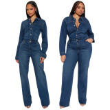 Slim fit elastic bell mouth wash long sleeved denim jumpsuit