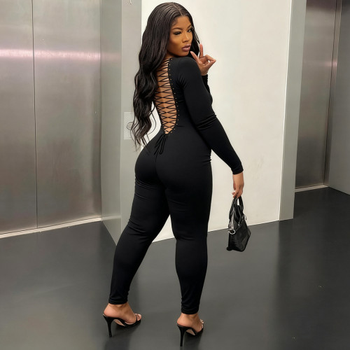U-neck backless strap long sleeved solid color hip lifting jumpsuit