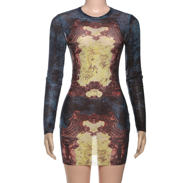 Hip hugging short skirt printed long sleeved dress