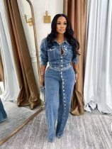 High elasticity continuous button washed denim two-piece set