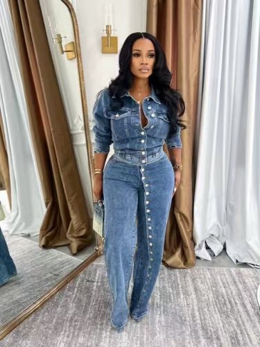 High elasticity continuous button washed denim two-piece set