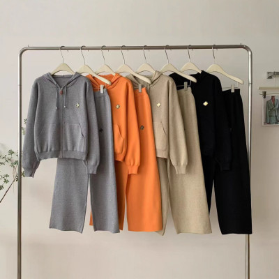 Embroidered hooded knitted sweater cardigan jacket two-piece set