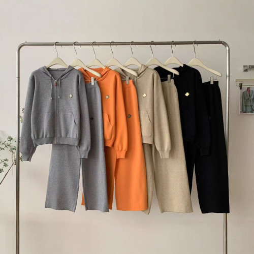 Embroidered hooded knitted sweater cardigan jacket two-piece set