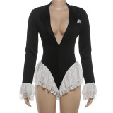 Deep V-neck flared long-sleeved lace-edged jumpsuit