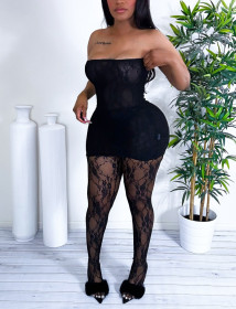 Hollow lace perspective chest wrapped dress and pants two-piece set