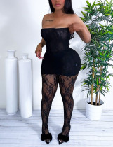 Hollow lace perspective chest wrapped dress and pants two-piece set Hollow lace perspective chest wrapped dress and pants two-piece set