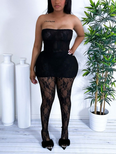 Hollow lace perspective chest wrapped dress and pants two-piece set