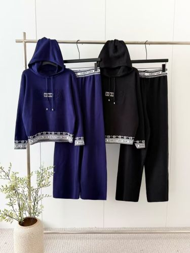 Hooded Knitted Top Wide Leg Pants Two Piece Set