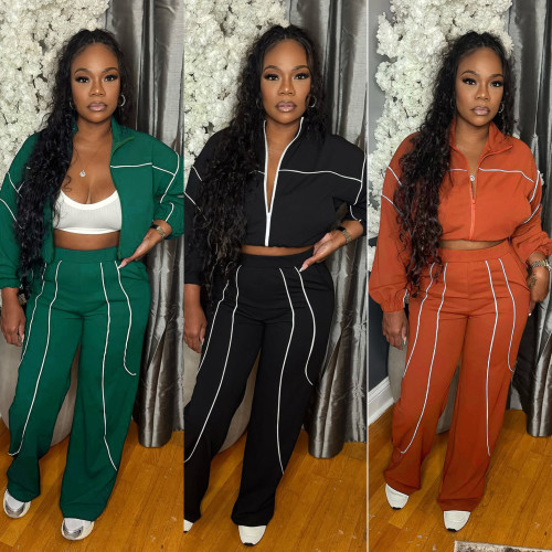 Woven contrasting line top, wide leg elastic buckle sports pants two-piece set