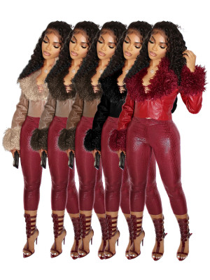 Plush collar V-neck buckle cardigan short waist leather jacket top