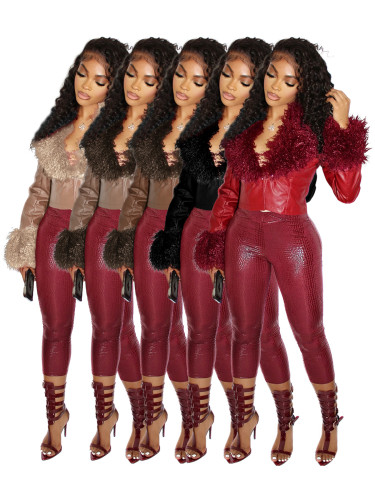 Plush collar V-neck buckle cardigan short waist leather jacket top