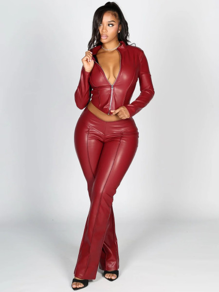 Zipper elastic leather jacket micro flared pants two-piece set