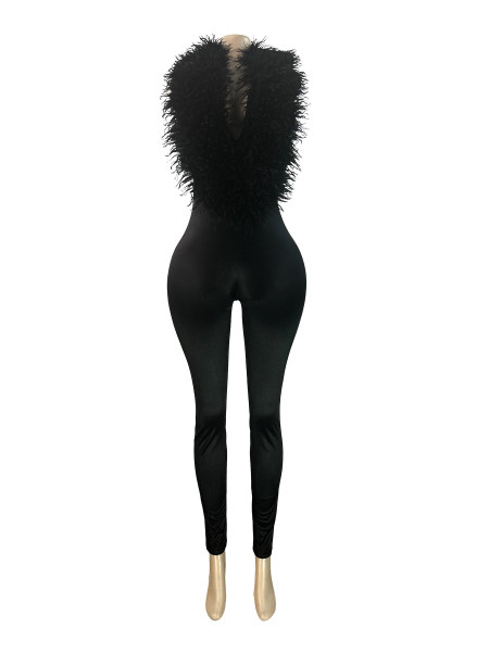 Deep V-neck elastic polyester jumpsuit pants