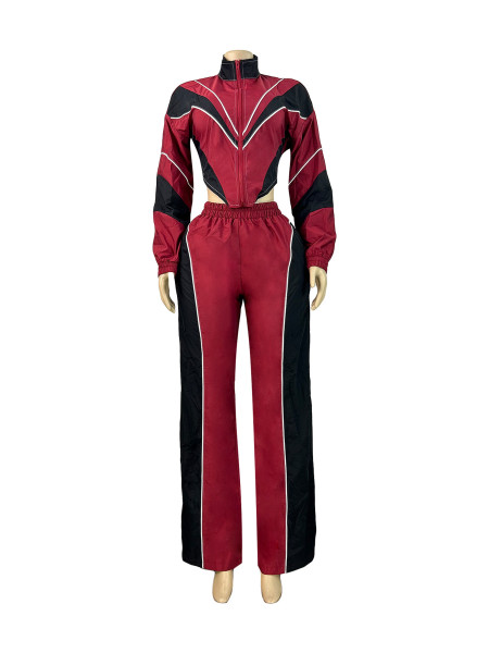 Color blocking splicing, zip up waist, zipper top, straight leg pants two-piece set
