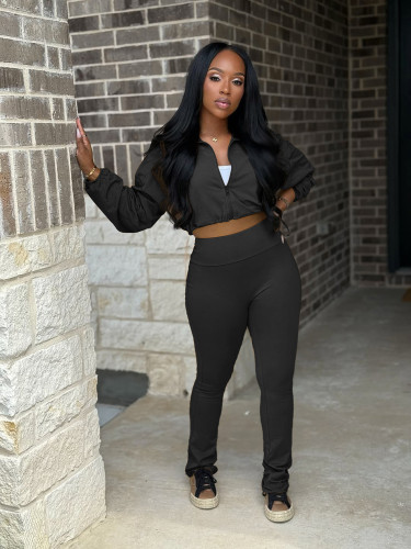 Two piece set of high waisted pants and cardigan jacket