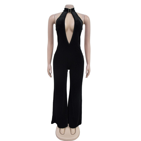 Deep V backless high waisted jumpsuit