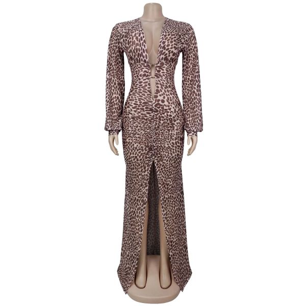 Deep V leopard print split arm dress