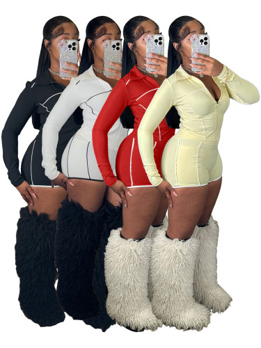 Zipper long sleeved thumb button top shorts two-piece set