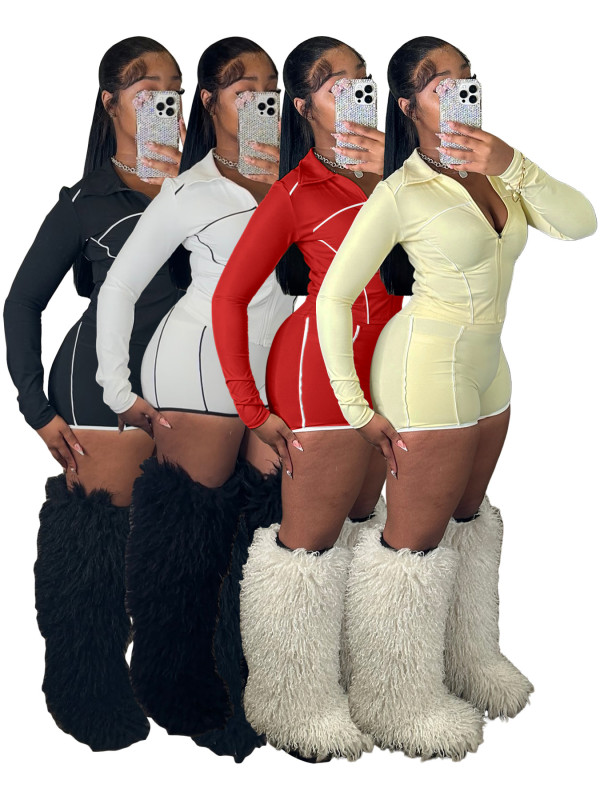 Zipper long sleeved thumb button top shorts two-piece set