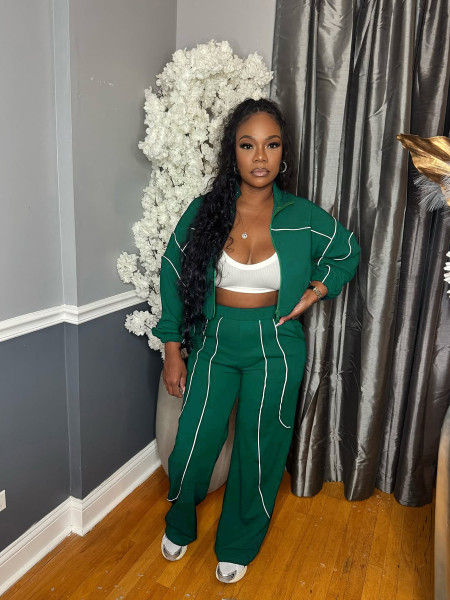 Woven contrasting line top, wide leg elastic buckle sports pants two-piece set
