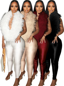 Deep V-neck elastic polyester jumpsuit pants
