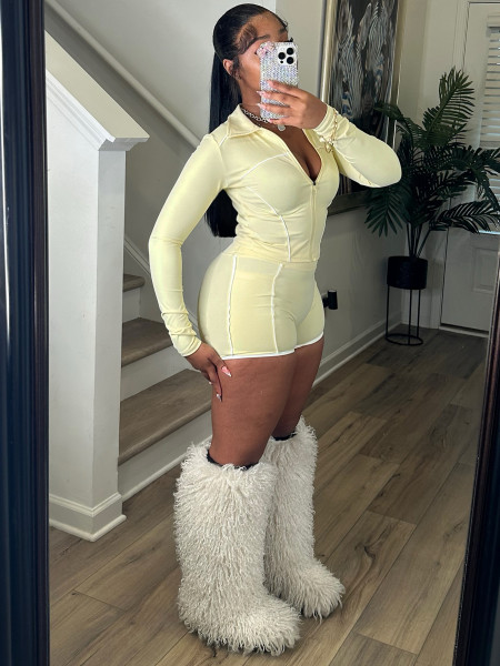 Zipper long sleeved thumb button top shorts two-piece set
