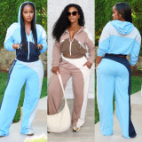 Color blocked zipper cardigan wide leg elastic waist sports pants two-piece set
