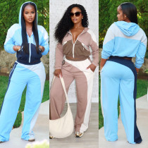 Color blocked zipper cardigan wide leg elastic waist sports pants two-piece set