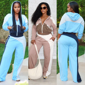 Color blocked zipper cardigan wide leg elastic waist sports pants two-piece set