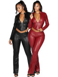Zipper elastic leather jacket micro flared pants two-piece set