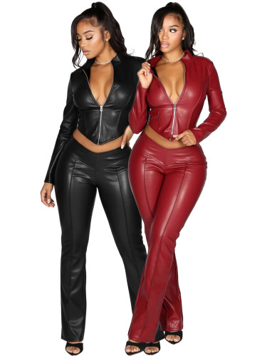 Zipper elastic leather jacket micro flared pants two-piece set