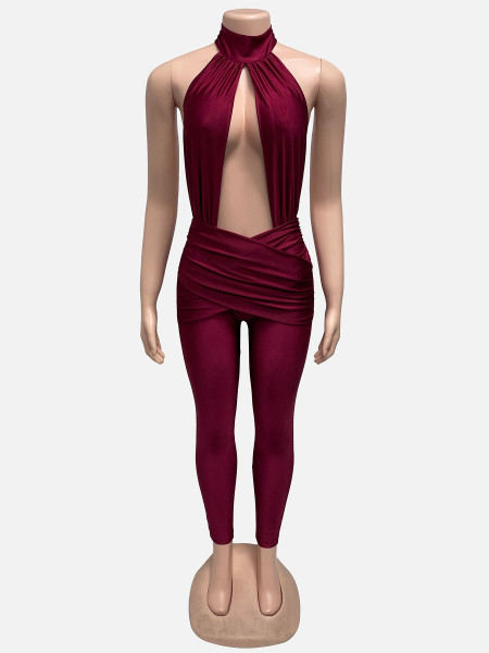 Full backless round neck hollow pleated solid color jumpsuit