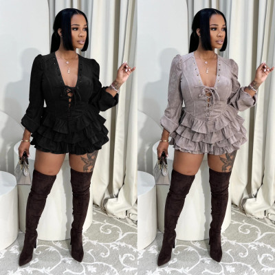 Lace up ruffle edge dress