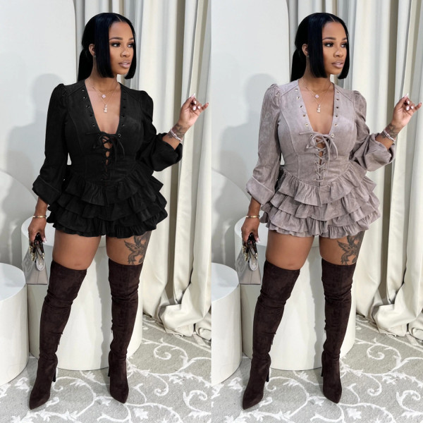 Lace up ruffle edge dress