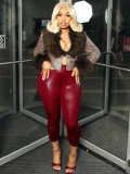 Plush collar V-neck buckle cardigan short waist leather jacket top