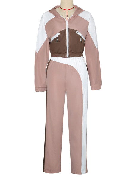 Color blocked zipper cardigan wide leg elastic waist sports pants two-piece set