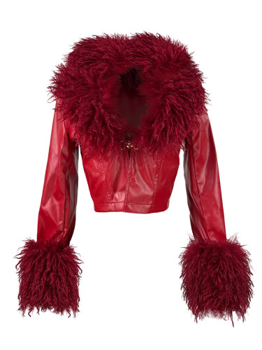 Plush collar V-neck buckle cardigan short waist leather jacket top