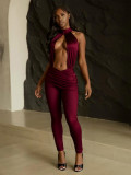 Full backless round neck hollow pleated solid color jumpsuit