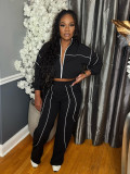 Woven contrasting line top, wide leg elastic buckle sports pants two-piece set