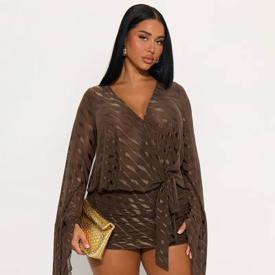 Wave Pattern V-Neck Flared Sleeve Exposed Backpack Hip Dress