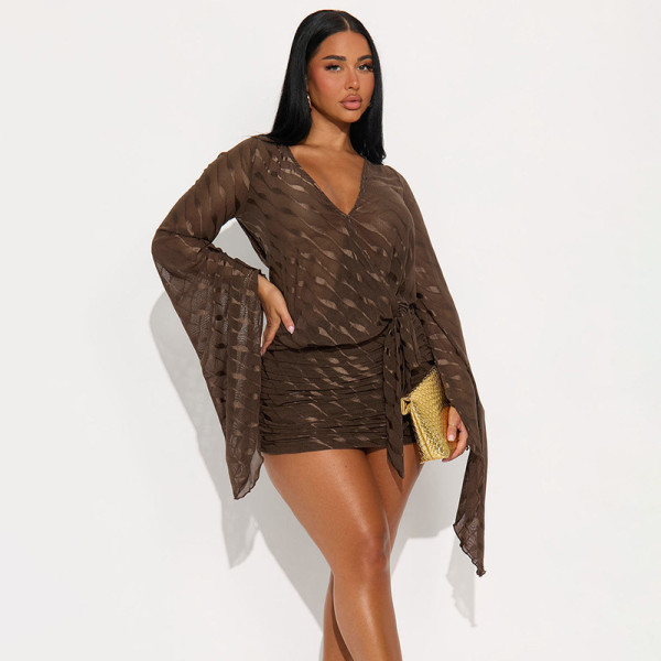 Wave Pattern V-Neck Flared Sleeve Exposed Backpack Hip Dress