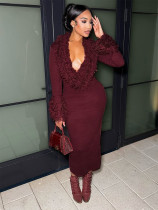 Deep V-neck solid color long sleeved knitted jumpsuit long skirt Deep V-neck solid color long sleeved knitted jumpsuit long skirt