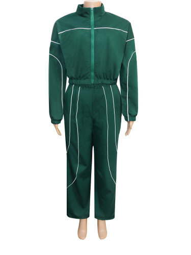 Woven contrasting line top, wide leg elastic buckle sports pants two-piece set