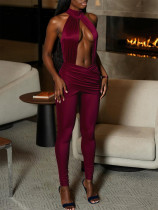 Full backless round neck hollow pleated solid color jumpsuit Full backless round neck hollow pleated solid color jumpsuit