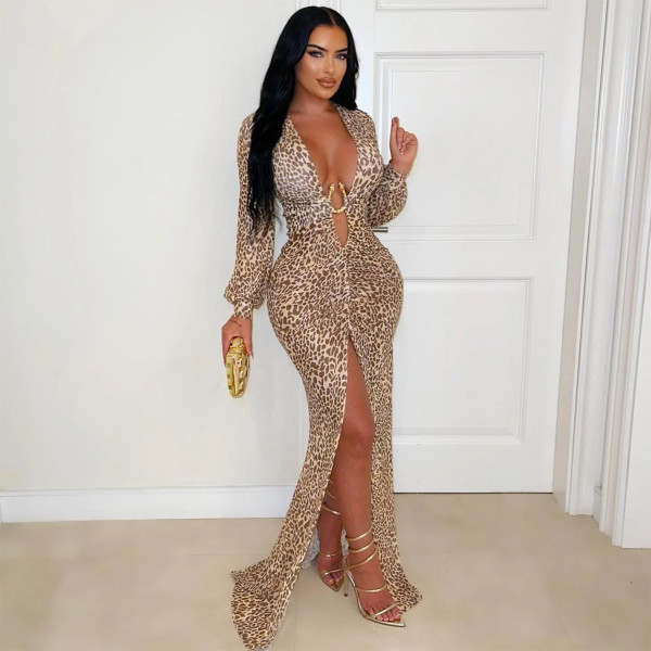 Deep V leopard print split arm dress