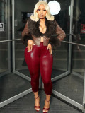 Plush collar V-neck buckle cardigan short waist leather jacket top