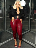 Plush collar V-neck buckle cardigan short waist leather jacket top