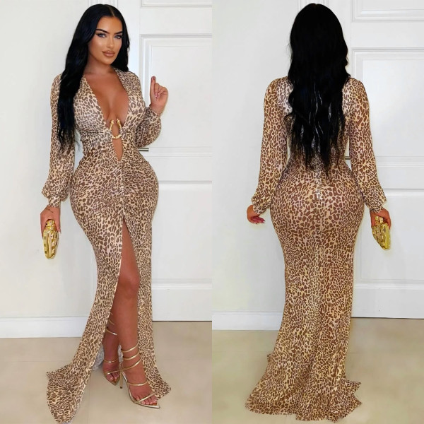 Deep V leopard print split arm dress