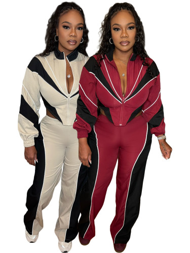 Color blocking splicing, zip up waist, zipper top, straight leg pants two-piece set