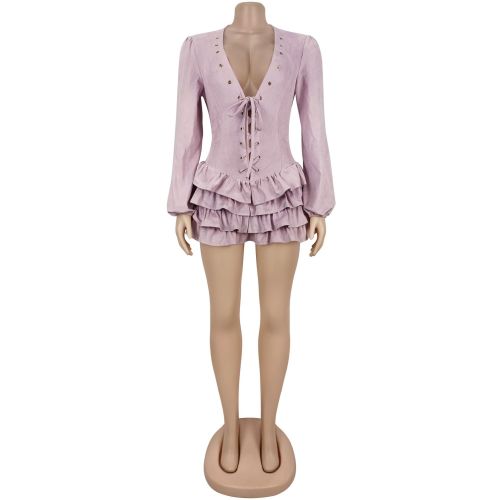 Lace up ruffle edge dress